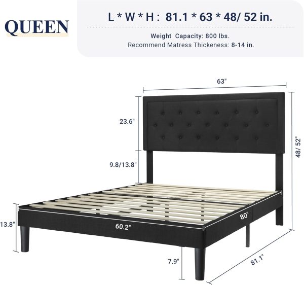 Allewie Queen Size Upholstered Platform Bed Frame with Adjustable Headboard, Button Tufted, Wood Slat Support, Easy Assembly, Black - Image 2
