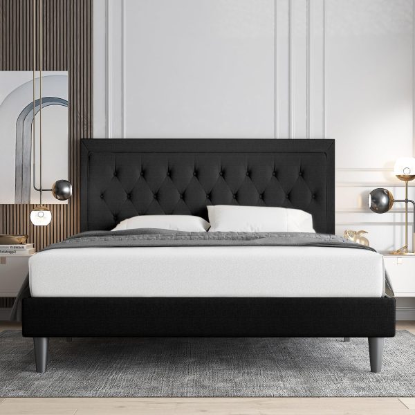 Allewie Queen Size Upholstered Platform Bed Frame with Adjustable Headboard, Button Tufted, Wood Slat Support, Easy Assembly, Black - Image 3