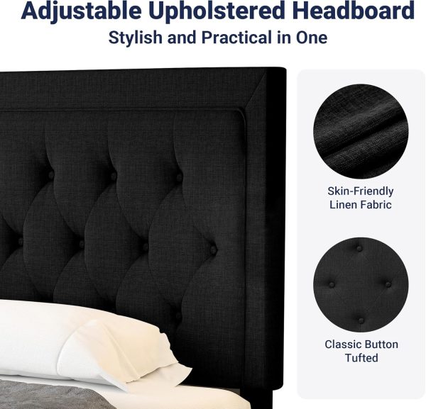 Allewie Queen Size Upholstered Platform Bed Frame with Adjustable Headboard, Button Tufted, Wood Slat Support, Easy Assembly, Black - Image 4