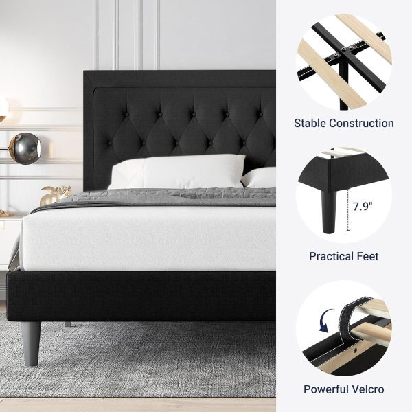 Allewie Queen Size Upholstered Platform Bed Frame with Adjustable Headboard, Button Tufted, Wood Slat Support, Easy Assembly, Black - Image 5