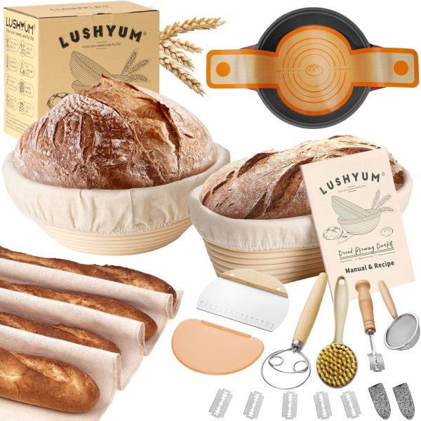 Banneton Bread Proofing Basket, Sourdough Rising Brotform Baking Supplies Set of 2, 10" Oval & 9" Round Rattan with Liner Dough Proof Accessories Loaf Making Kit, Ideal Gift for Homemade Bread