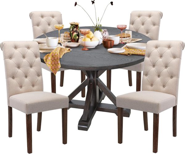 COLAMY 5-Piece Round Dining Table Set for 4, 48" Wood Kitchen Table with 4 Tufted Button Dining Room Chairs, Brown/Beige