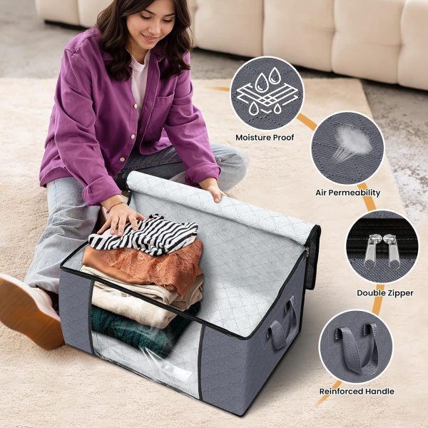 Fab totes 6 Pack Clothes Storage, Foldable Thick Fabric Blanket Storage Bags, Storage Containers for Organizing Bedroom, Closet, Clothing, Comforter, Organization and Storage with Handle,Grey - Image 4