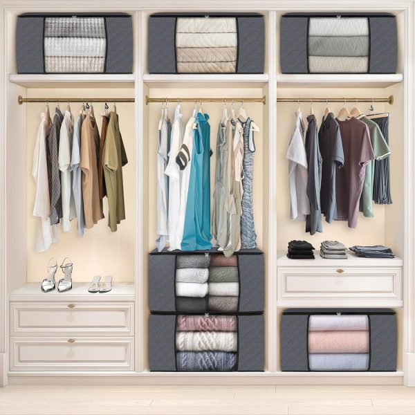 Fab totes 6 Pack Clothes Storage, Foldable Thick Fabric Blanket Storage Bags, Storage Containers for Organizing Bedroom, Closet, Clothing, Comforter, Organization and Storage with Handle,Grey - Image 6