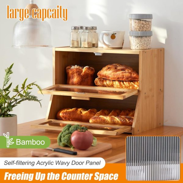 GHWIE Double Layer Bamboo Bread Box for Kitchen Counter,Large Capacity Bread Storage Bin,Bread Container with Acrylic Wavy Door Panel (Natural, Medium) - Image 2