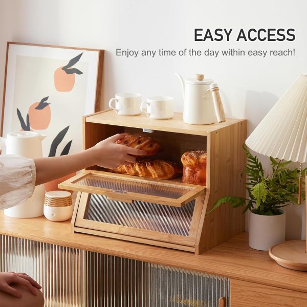 GHWIE Double Layer Bamboo Bread Box for Kitchen Counter,Large Capacity Bread Storage Bin,Bread Container with Acrylic Wavy Door Panel (Natural, Medium) - Image 3