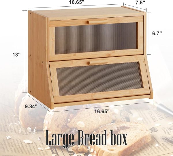 GHWIE Double Layer Bamboo Bread Box for Kitchen Counter,Large Capacity Bread Storage Bin,Bread Container with Acrylic Wavy Door Panel (Natural, Medium) - Image 4