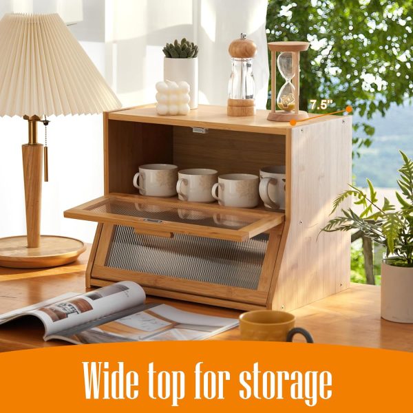 GHWIE Double Layer Bamboo Bread Box for Kitchen Counter,Large Capacity Bread Storage Bin,Bread Container with Acrylic Wavy Door Panel (Natural, Medium) - Image 5