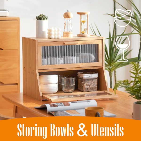 GHWIE Double Layer Bamboo Bread Box for Kitchen Counter,Large Capacity Bread Storage Bin,Bread Container with Acrylic Wavy Door Panel (Natural, Medium) - Image 6