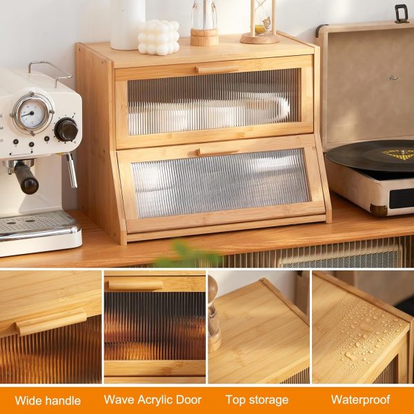 GHWIE Double Layer Bamboo Bread Box for Kitchen Counter,Large Capacity Bread Storage Bin,Bread Container with Acrylic Wavy Door Panel (Natural, Medium) - Image 7