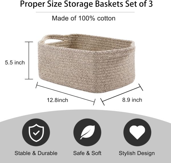OIAHOMY Cotton Rope Baskets, Woven Baskets for Storage, Nursery Storage Baskets, Rectangle Storage Basket with Handles, Storage Baskets for Shelves, Pack of 3, Brown Variegated - Image 3