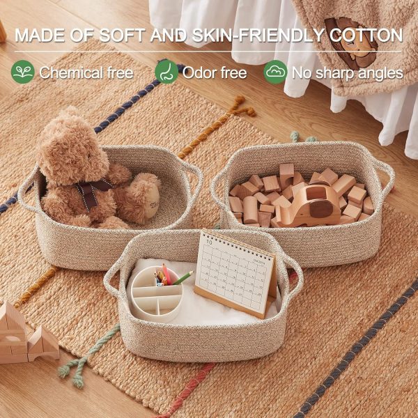 OIAHOMY Cotton Rope Baskets, Woven Baskets for Storage, Nursery Storage Baskets, Rectangle Storage Basket with Handles, Storage Baskets for Shelves, Pack of 3, Brown Variegated - Image 6