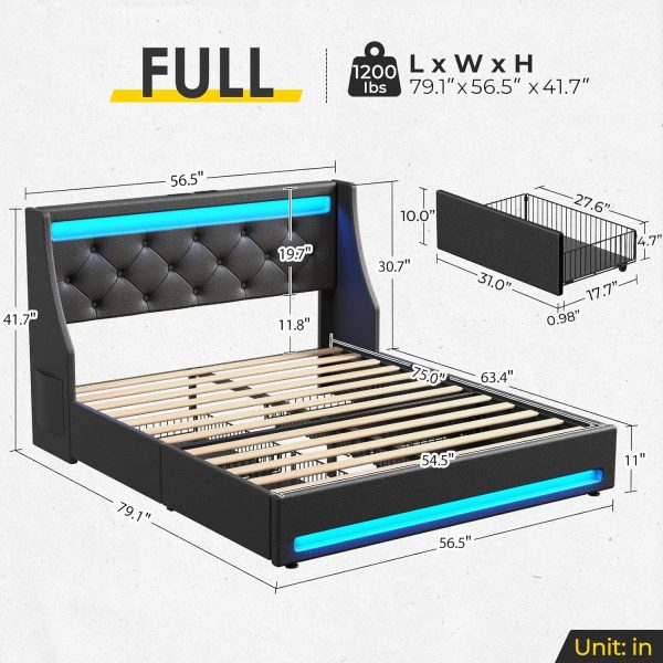 Rolanstar Full Bed Frame with LED Lights and Charging Station, PU Leather Bed with Drawers, Wooden Slats, Noise Free, Easy Assembly, Black - Image 2