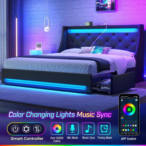 Rolanstar Full Bed Frame with LED Lights and Charging Station, PU Leather Bed with Drawers, Wooden Slats, Noise Free, Easy Assembly, Black - Image 3