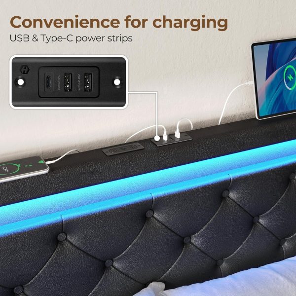 Rolanstar Full Bed Frame with LED Lights and Charging Station, PU Leather Bed with Drawers, Wooden Slats, Noise Free, Easy Assembly, Black - Image 4