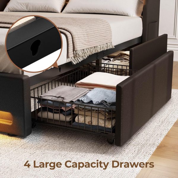 Rolanstar Full Bed Frame with LED Lights and Charging Station, PU Leather Bed with Drawers, Wooden Slats, Noise Free, Easy Assembly, Black - Image 5
