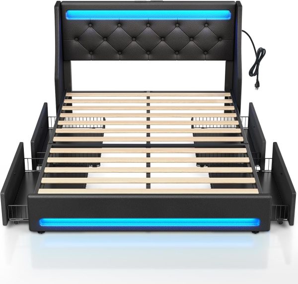 Rolanstar Full Bed Frame with LED Lights and Charging Station, PU Leather Bed with Drawers, Wooden Slats, Noise Free, Easy Assembly, Black - Image 7