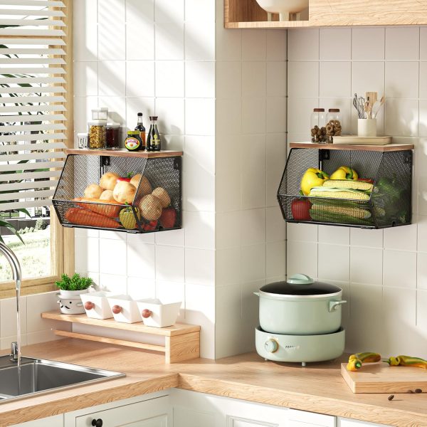 Stackable Fruit Basket for Kitchen Countertop Space Saving, Wall Mounted Mesh Metal Wire Baskets with Wood Lid Extra Storage, 2 Pack Kitchen Counter Organizer for Snack, Onion and Potato Storage - Image 3