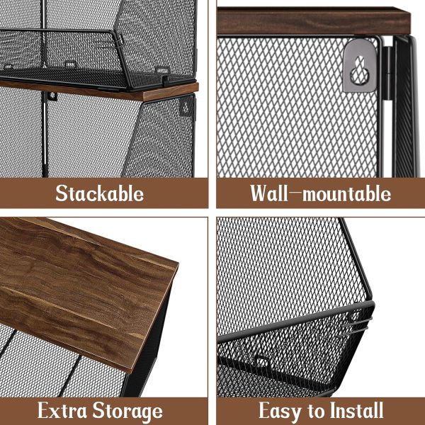 Stackable Fruit Basket for Kitchen Countertop Space Saving, Wall Mounted Mesh Metal Wire Baskets with Wood Lid Extra Storage, 2 Pack Kitchen Counter Organizer for Snack, Onion and Potato Storage - Image 4