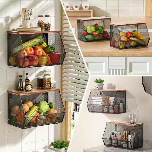 Stackable Fruit Basket for Kitchen Countertop Space Saving, Wall Mounted Mesh Metal Wire Baskets with Wood Lid Extra Storage, 2 Pack Kitchen Counter Organizer for Snack, Onion and Potato Storage - Image 5