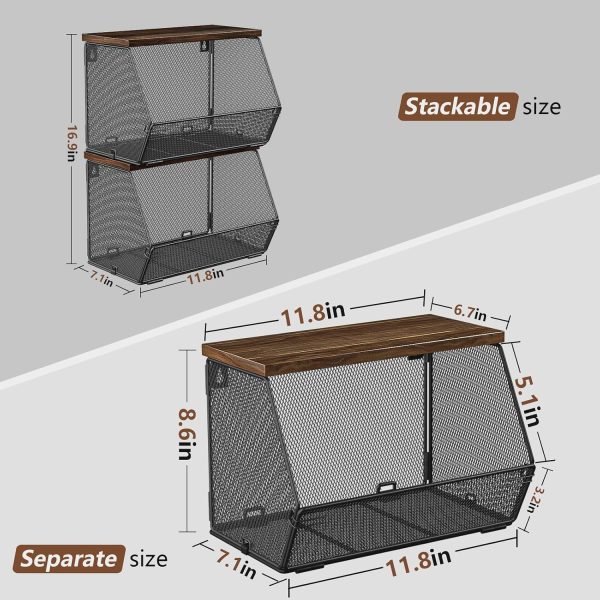 Stackable Fruit Basket for Kitchen Countertop Space Saving, Wall Mounted Mesh Metal Wire Baskets with Wood Lid Extra Storage, 2 Pack Kitchen Counter Organizer for Snack, Onion and Potato Storage - Image 6