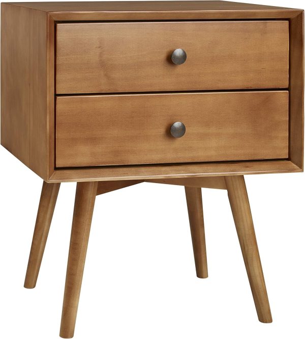 Walker Edison Mid Century Modern Wood Nightstand Side Table Bedroom Storage Drawer Bedside End Table, 2 Drawer, Caramel