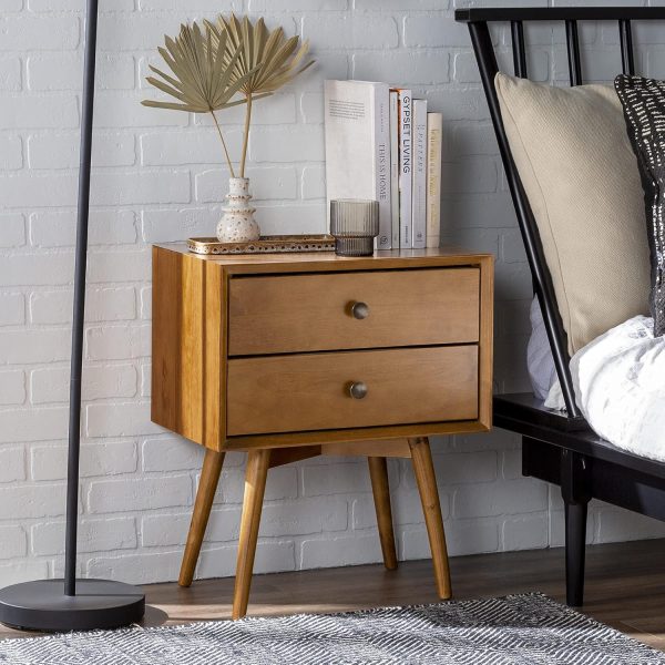 Walker Edison Mid Century Modern Wood Nightstand Side Table Bedroom Storage Drawer Bedside End Table, 2 Drawer, Caramel - Image 2